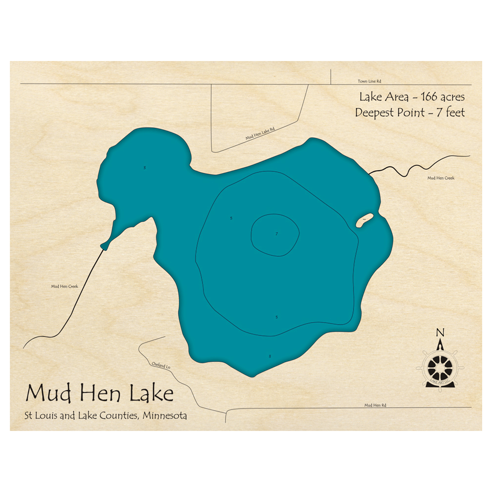 Bathymetric topo map of Mud Hen Lake, MN with roads, towns and depths noted in blue water.