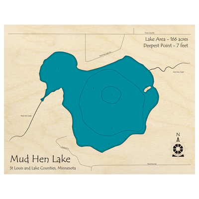 Bathymetric topo map of Mud Hen Lake, MN with roads, towns and depths noted in blue water.
