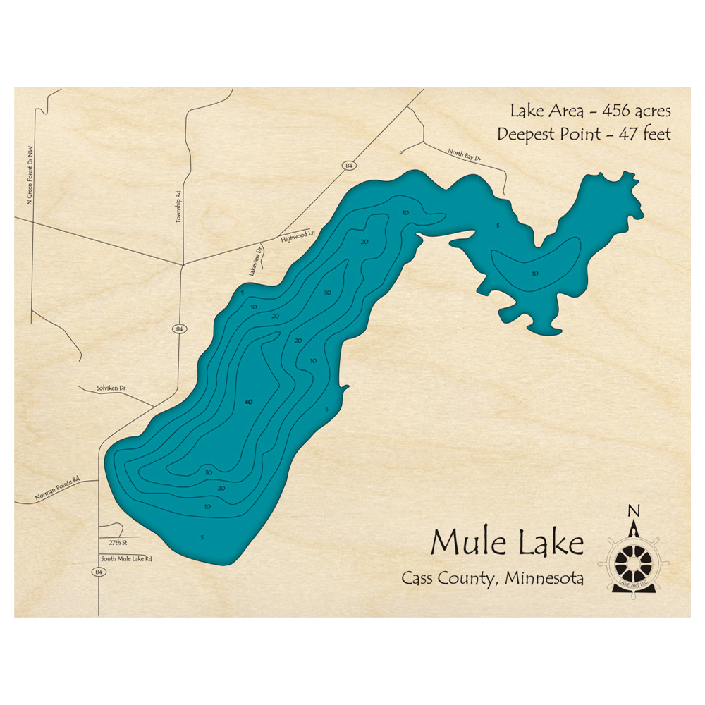 Bathymetric topo map of Mule Lake, MN with roads, towns and depths noted in blue water.