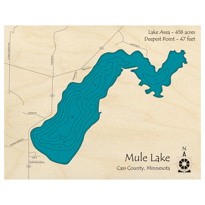 Bathymetric topo map of Mule Lake, MN with roads, towns and depths noted in blue water.