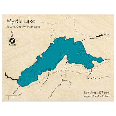 Bathymetric topo map of Myrtle Lake, MN with roads, towns and depths noted in blue water.