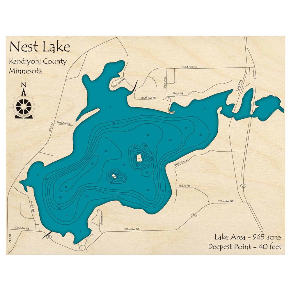 Bathymetric topo map of Nest Lake, MN with roads, towns and depths noted in blue water.