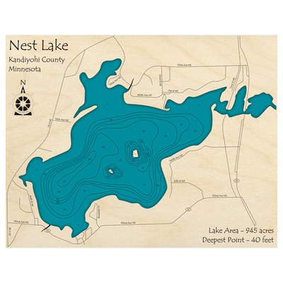 Bathymetric topo map of Nest Lake, MN with roads, towns and depths noted in blue water.