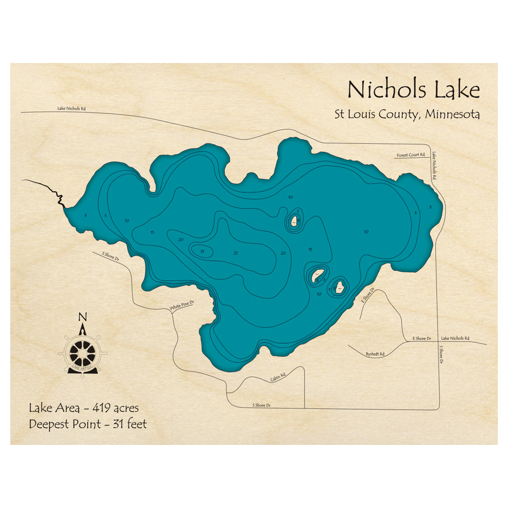 Bathymetric topo map of Nichols Lake, MN with roads, towns and depths noted in blue water.