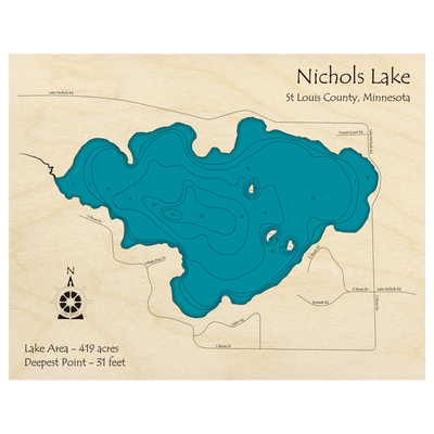 Bathymetric topo map of Nichols Lake, MN with roads, towns and depths noted in blue water.