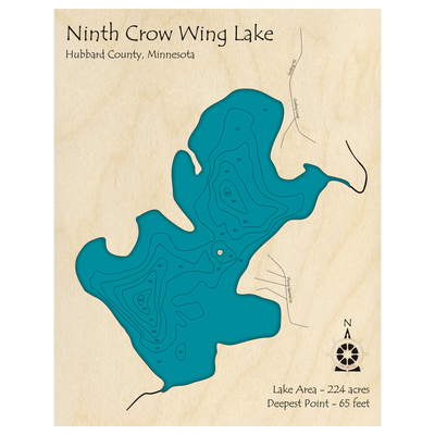 Bathymetric topo map of Ninth Crow Wing, MN with roads, towns and depths noted in blue water.