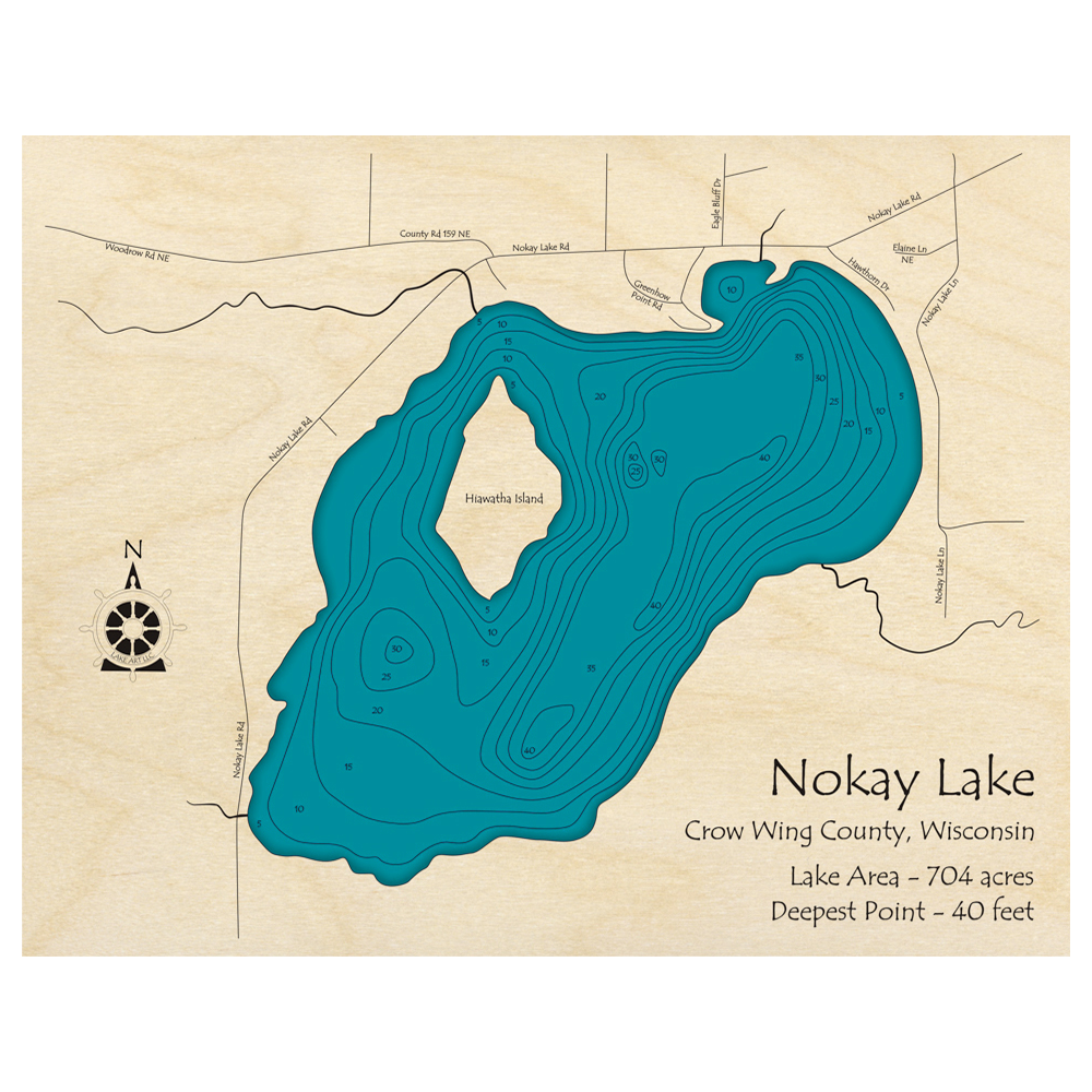 Bathymetric topo map of Nokay Lake, MN with roads, towns and depths noted in blue water.