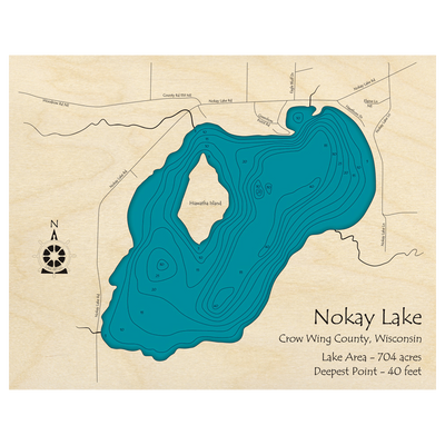 Bathymetric topo map of Nokay Lake, MN with roads, towns and depths noted in blue water.