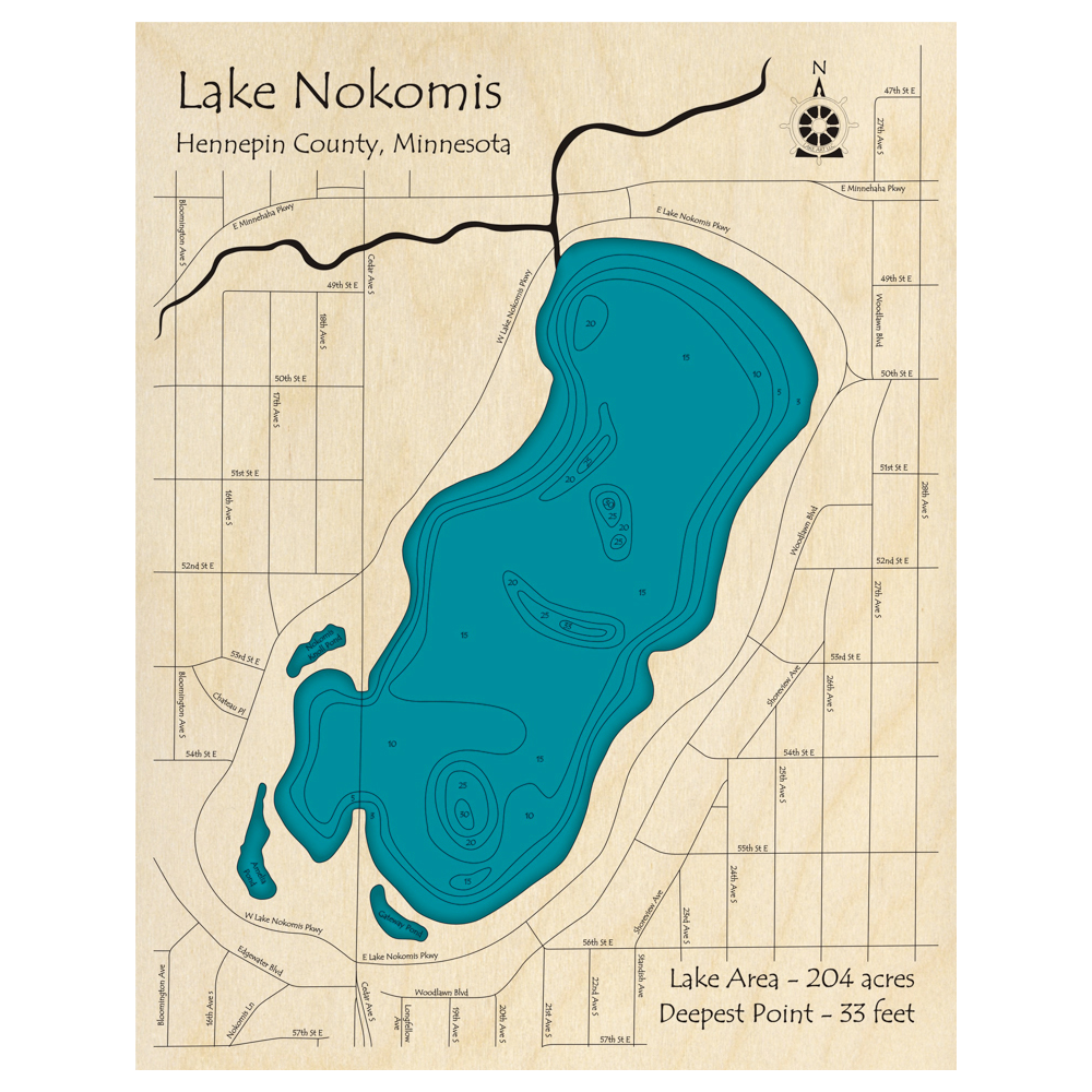 Bathymetric topo map of Lake Nokomis, MN with roads, towns and depths noted in blue water.