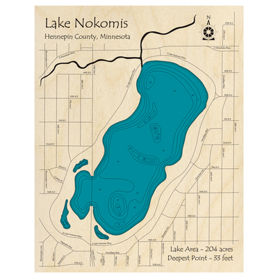Bathymetric topo map of Lake Nokomis, MN with roads, towns and depths noted in blue water.