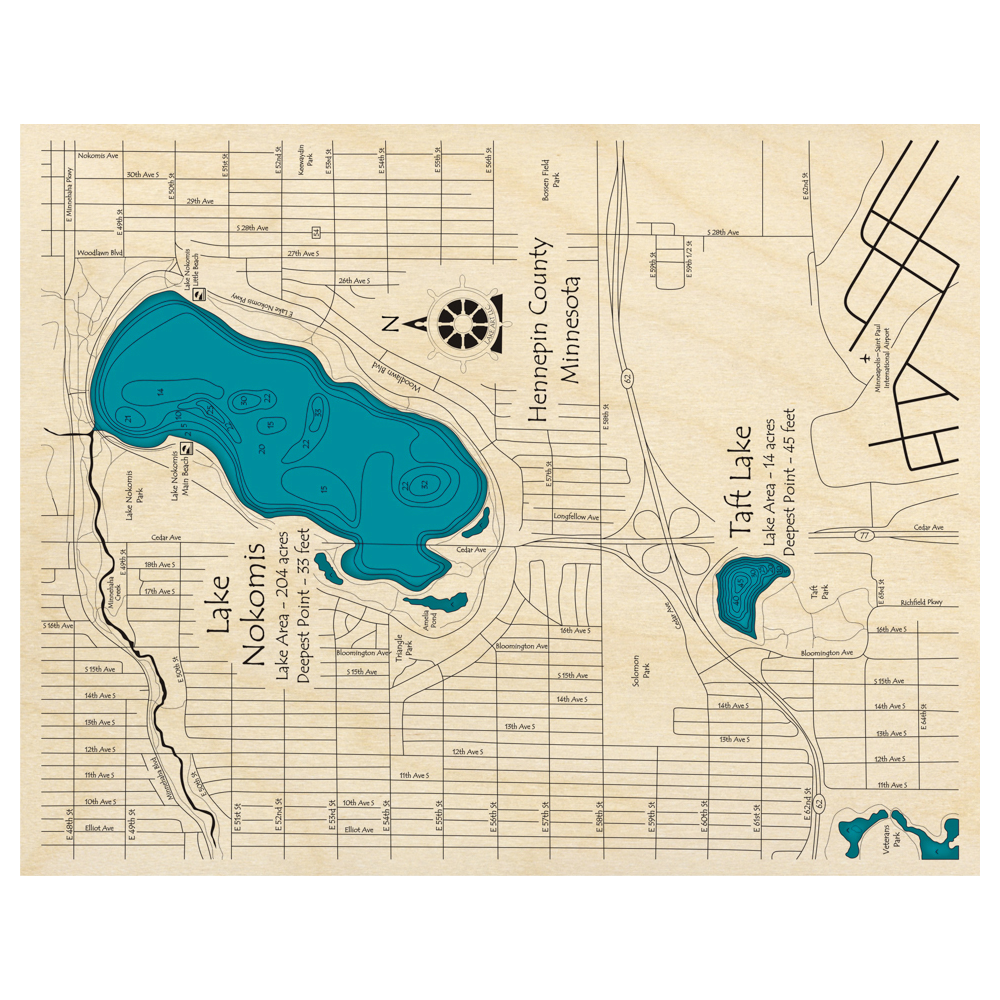 Bathymetric topo map of Lake Nokomis with Taft Lake, MN with roads, towns and depths noted in blue water.