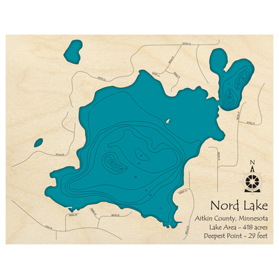 Bathymetric topo map of Nord Lake, MN with roads, towns and depths noted in blue water.