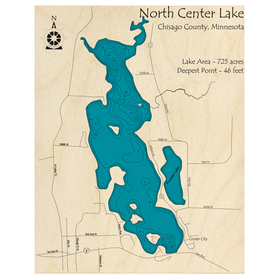 Bathymetric topo map of Center Lake, MN with roads, towns and depths noted in blue water.