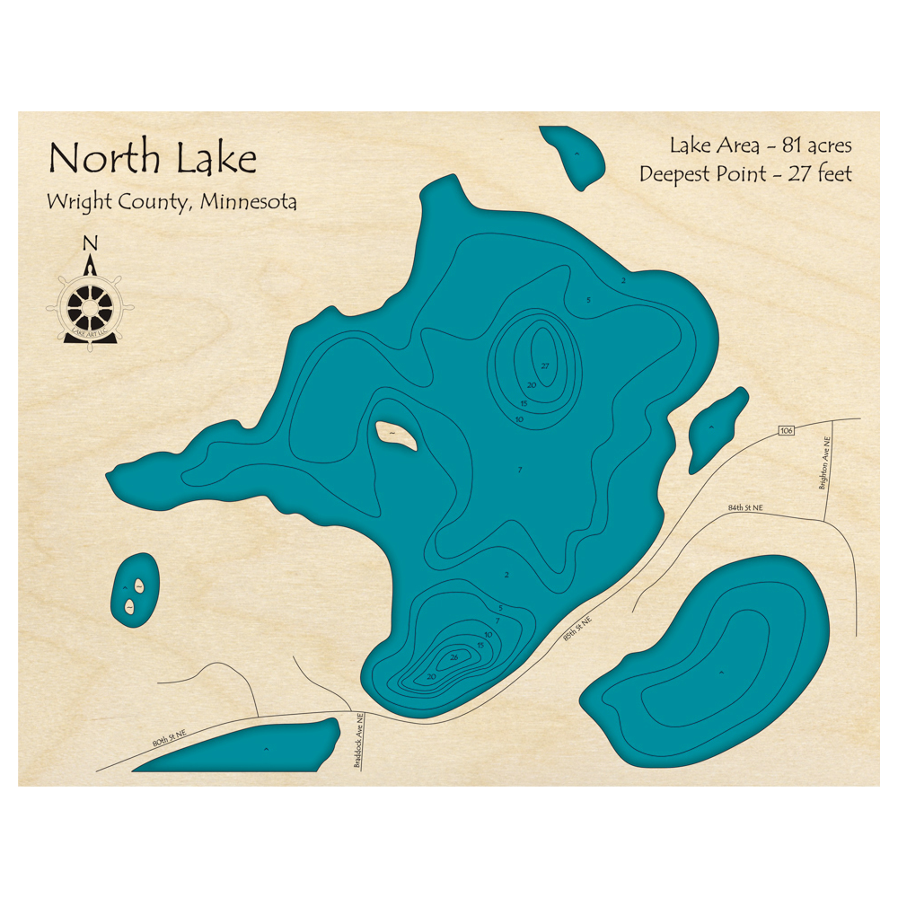 Bathymetric topo map of North Lake, MN with roads, towns and depths noted in blue water.