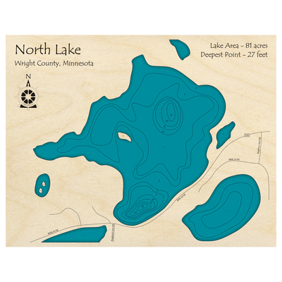 Bathymetric topo map of North Lake, MN with roads, towns and depths noted in blue water.