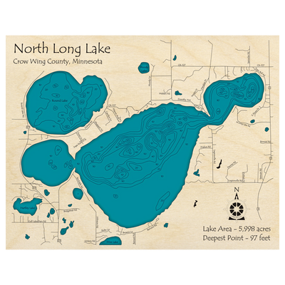 Bathymetric topo map of North Long Lake, MN with roads, towns and depths noted in blue water.