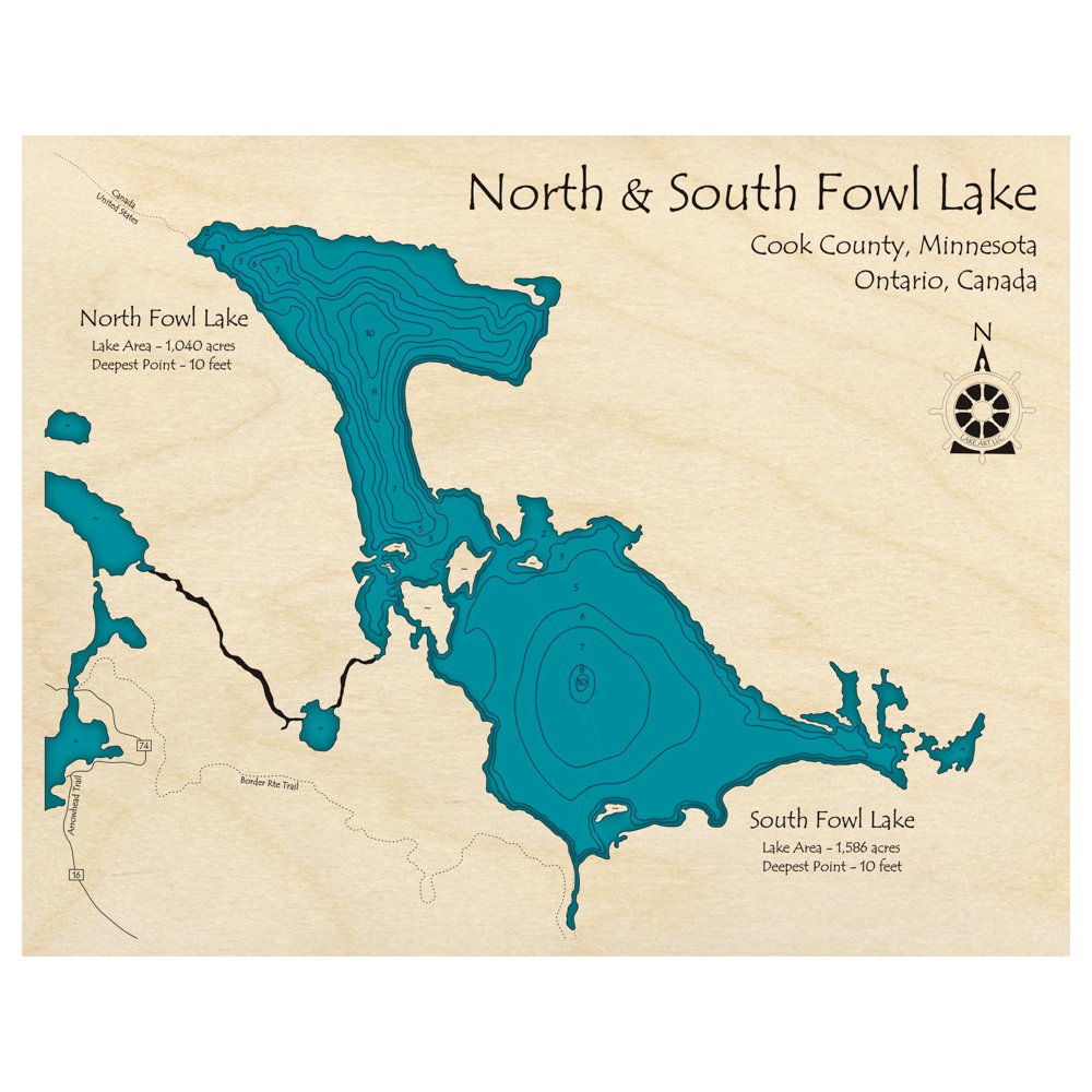 Bathymetric topo map of North and South Fowl Lake (MN, ON) with roads, towns and depths noted in blue water.