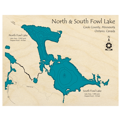 Bathymetric topo map of North and South Fowl Lake (MN, ON) with roads, towns and depths noted in blue water.