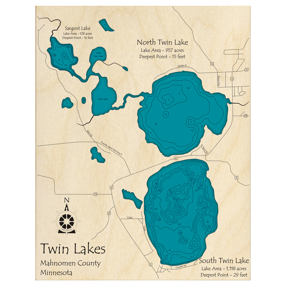 Bathymetric topo map of Twin Lakes, MN with roads, towns and depths noted in blue water.