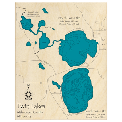 Bathymetric topo map of Twin Lakes, MN with roads, towns and depths noted in blue water.