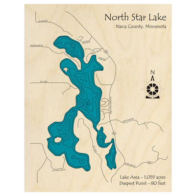 Bathymetric topo map of North Star Lake, MN with roads, towns and depths noted in blue water.