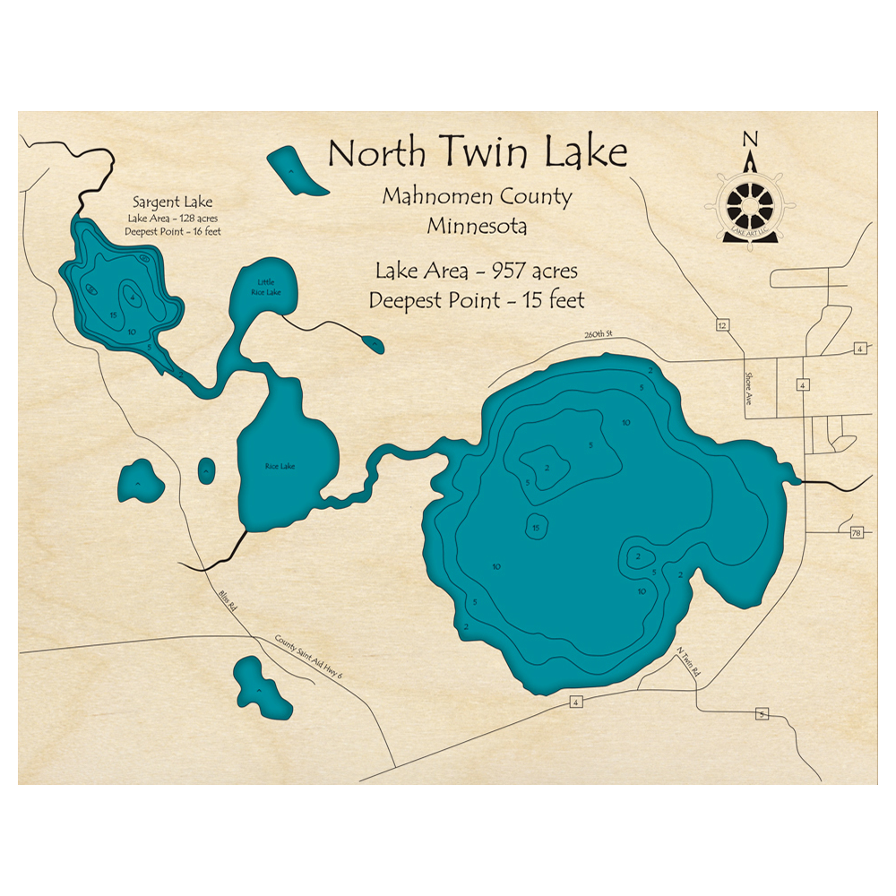 Bathymetric topo map of North Twin Lake, MN with roads, towns and depths noted in blue water.
