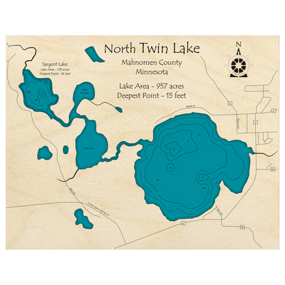 Bathymetric topo map of North Twin Lake, MN with roads, towns and depths noted in blue water.