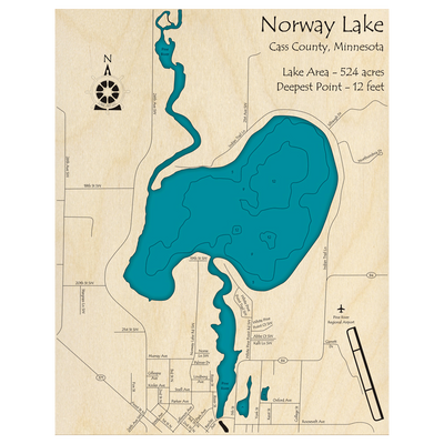 Bathymetric topo map of Norway Lake, MN with roads, towns and depths noted in blue water.