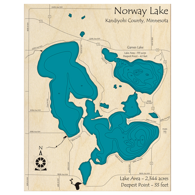Bathymetric topo map of Norway Lake with Games Lake, MN with roads, towns and depths noted in blue water.