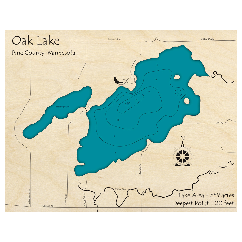 Bathymetric topo map of Oak Lake, MN with roads, towns and depths noted in blue water.
