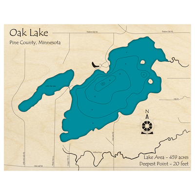 Bathymetric topo map of Oak Lake, MN with roads, towns and depths noted in blue water.