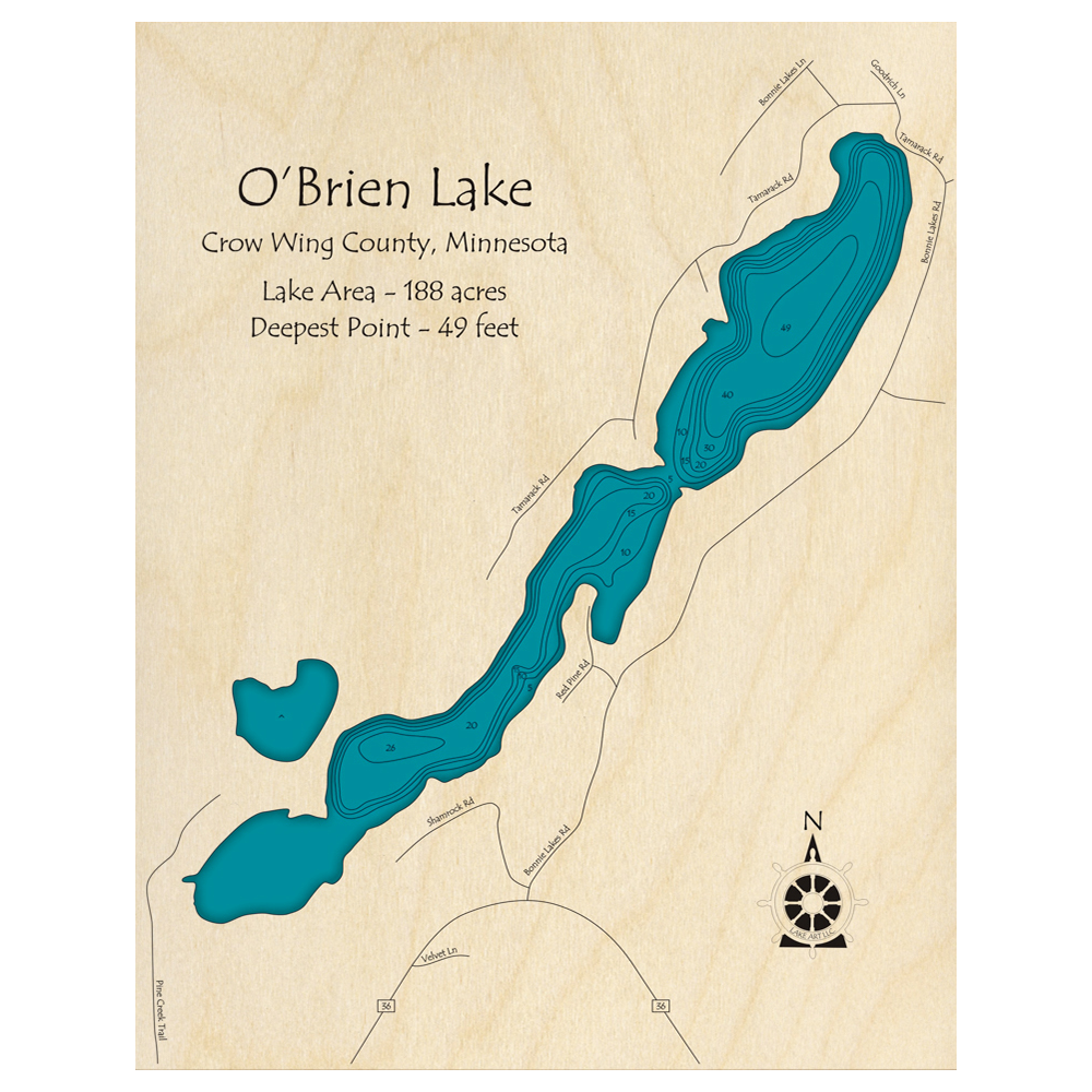 Bathymetric topo map of Obrien Lake, MN with roads, towns and depths noted in blue water.