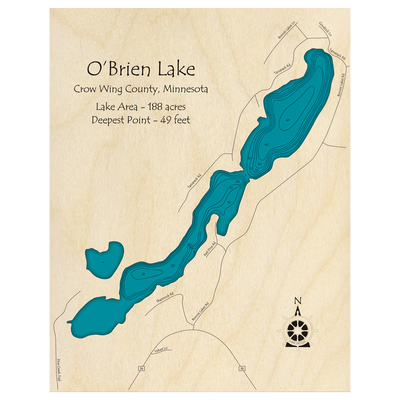 Bathymetric topo map of Obrien Lake, MN with roads, towns and depths noted in blue water.