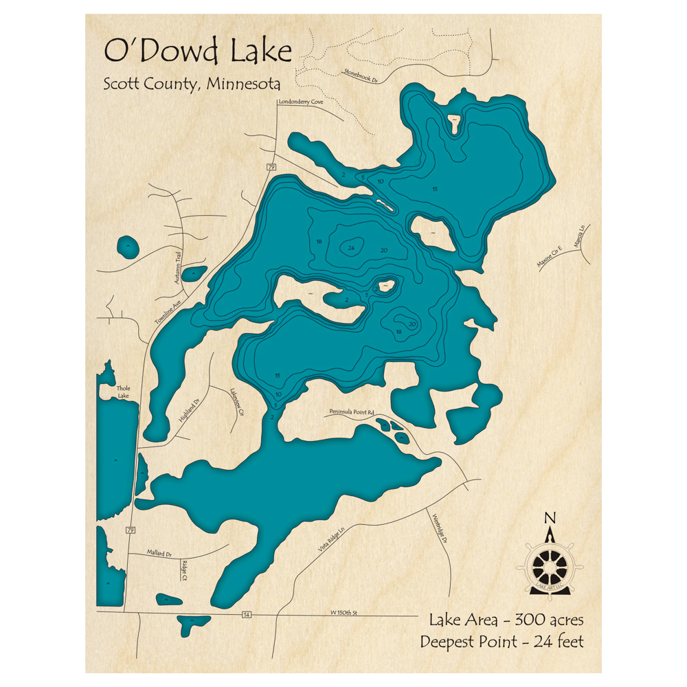 Bathymetric topo map of O Dowd Lake, MN with roads, towns and depths noted in blue water.