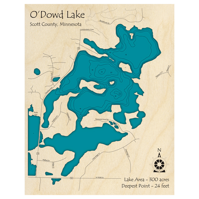 Bathymetric topo map of O Dowd Lake, MN with roads, towns and depths noted in blue water.