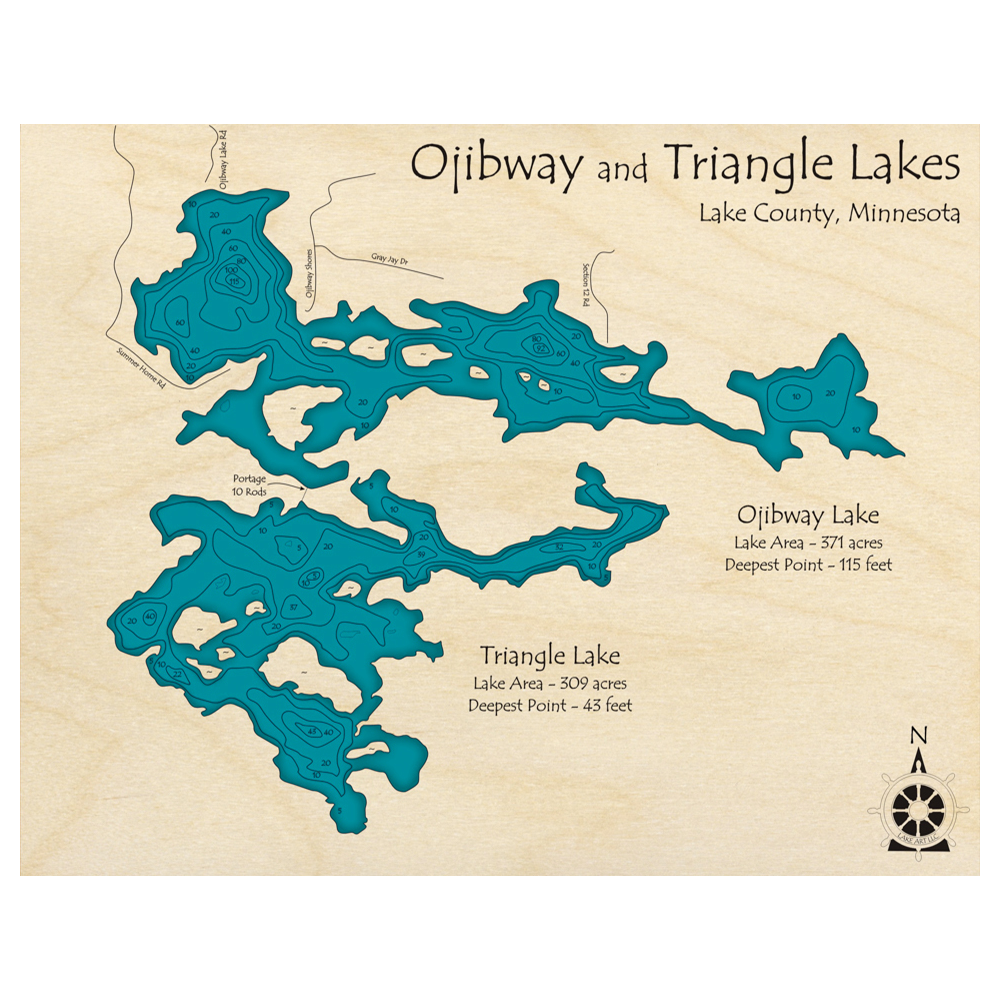 Bathymetric topo map of Ojibway Lake, MN with roads, towns and depths noted in blue water.