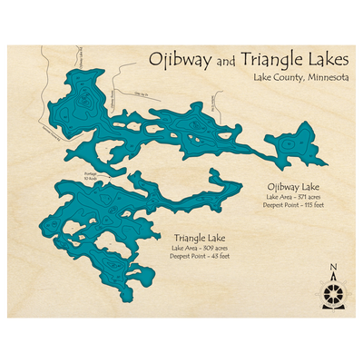 Bathymetric topo map of Ojibway Lake, MN with roads, towns and depths noted in blue water.