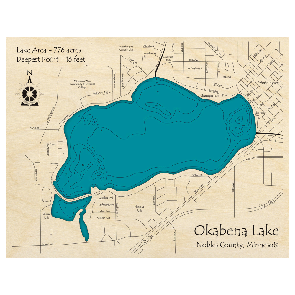 Bathymetric topo map of Okabena Lake, MN with roads, towns and depths noted in blue water.