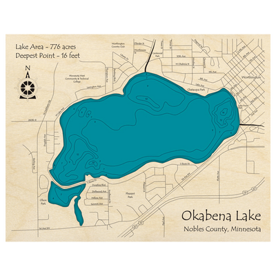 Bathymetric topo map of Okabena Lake, MN with roads, towns and depths noted in blue water.