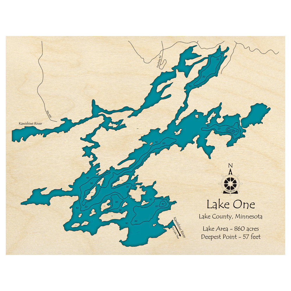 Bathymetric topo map of Lake One, MN with roads, towns and depths noted in blue water.