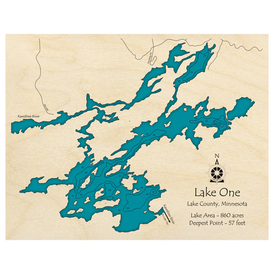 Bathymetric topo map of Lake One, MN with roads, towns and depths noted in blue water.