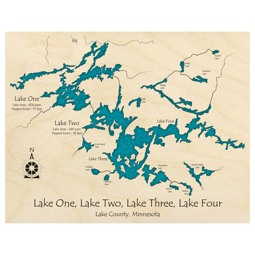 Bathymetric topo map of Boundary Waters Canoe Area, MN with roads, towns and depths noted in blue water.