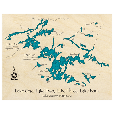 Bathymetric topo map of Boundary Waters Canoe Area, MN with roads, towns and depths noted in blue water.