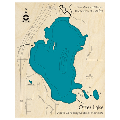 Bathymetric topo map of Otter Lake, MN with roads, towns and depths noted in blue water.