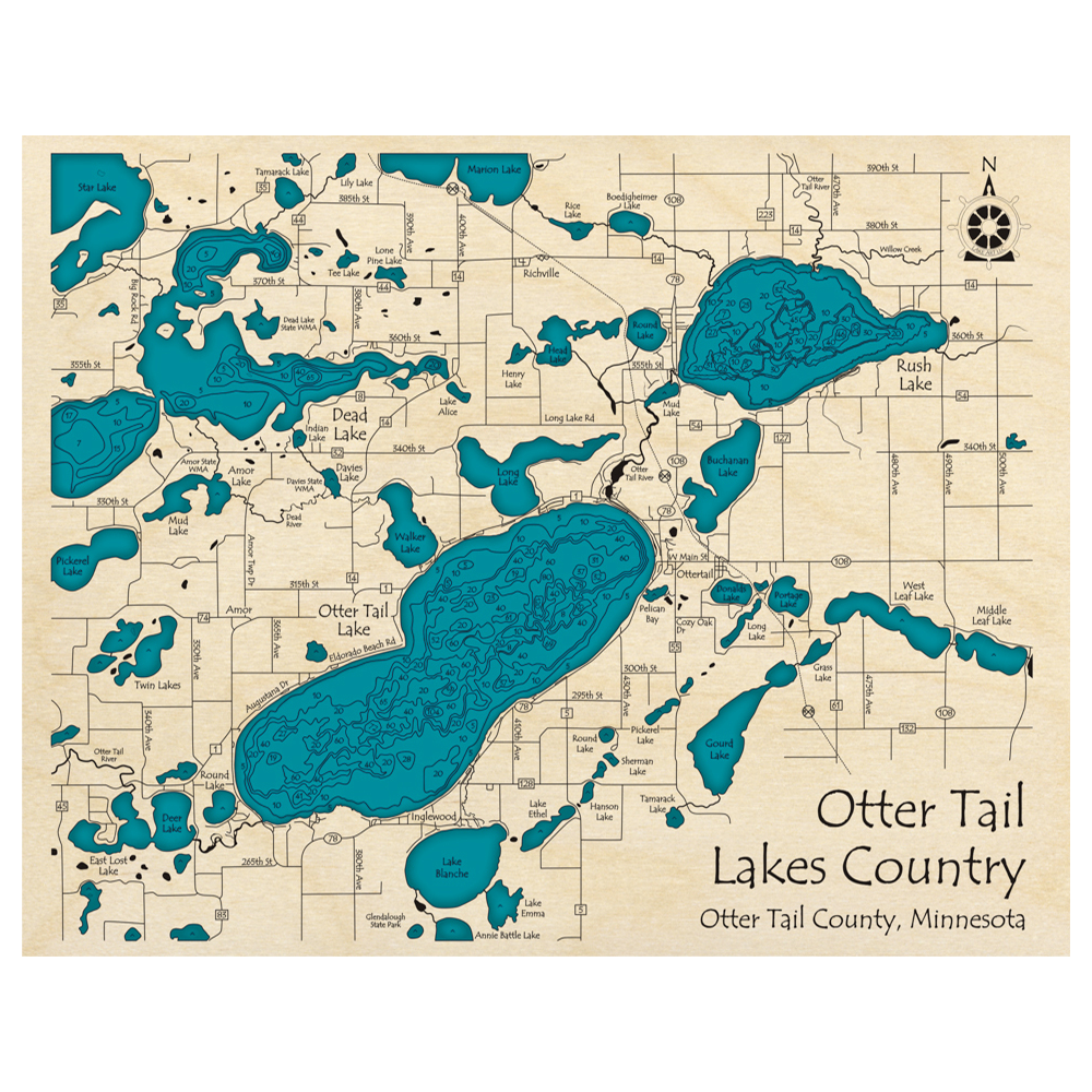 Bathymetric topo map of Otter Tail Lakes Country, MN with roads, towns and depths noted in blue water.