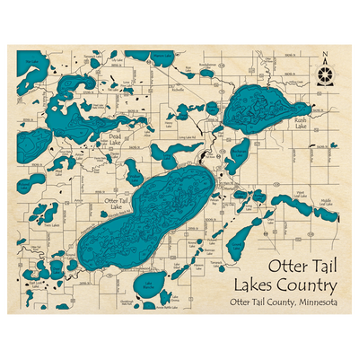 Bathymetric topo map of Otter Tail Lakes Country, MN with roads, towns and depths noted in blue water.