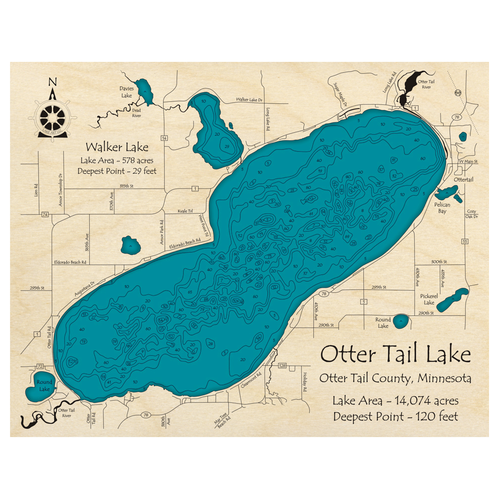 Bathymetric topo map of Otter Tail Lake, MN with roads, towns and depths noted in blue water.