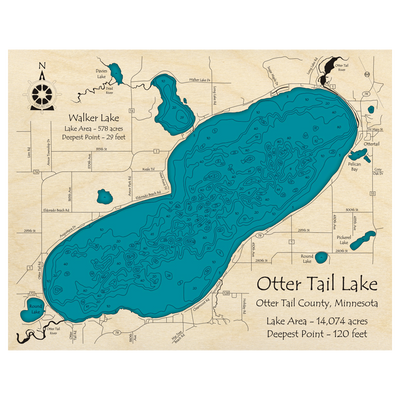 Bathymetric topo map of Otter Tail Lake, MN with roads, towns and depths noted in blue water.