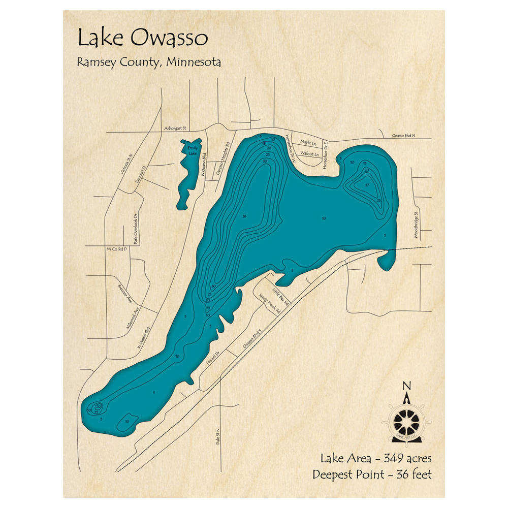 Lake Owasso, Minnesota 3D Custom Wood Map – Lake Art LLC