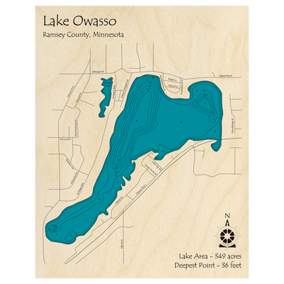 Bathymetric topo map of Lake Owasso, MN with roads, towns and depths noted in blue water.
